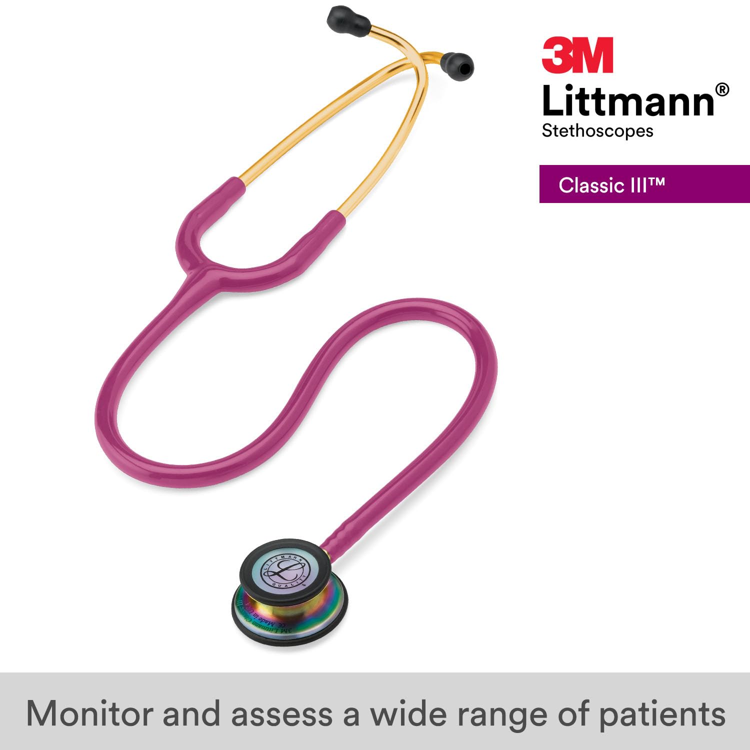 3M™ Littmann® Classic III™ Monitoring Stethoscope, Rainbow-Finish, Raspberry Tube, 27 in, 5806 3M™ Littmann® Classic III™ Monitoring Stethoscope, Rainbow-Finish, Raspberry Tube, 27 in, 5806